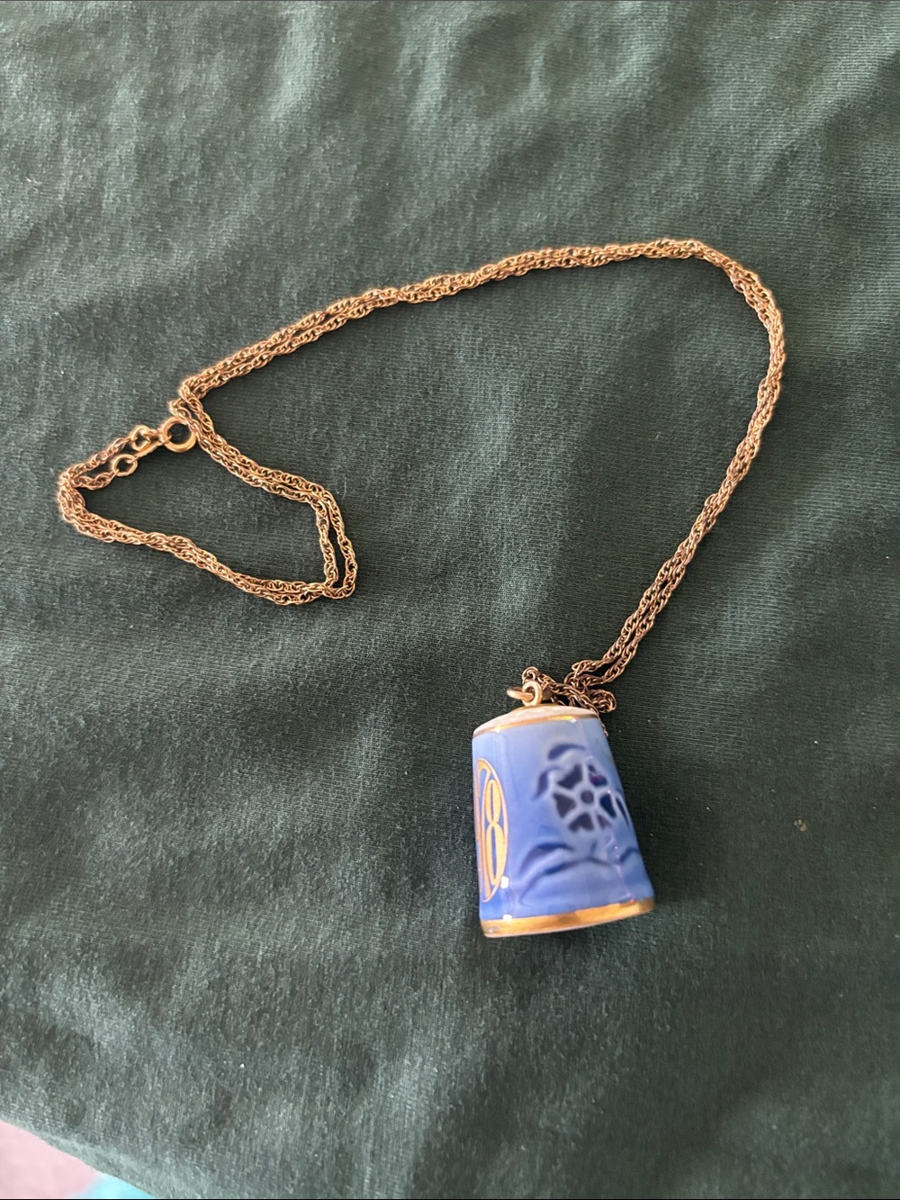 Blue Porcelain Thimble Pendant Necklace - Gold Chain